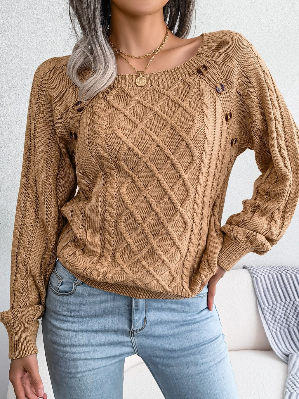 Texture Button Lantern Sleeve Sweater - Women's Round Neck Sweater