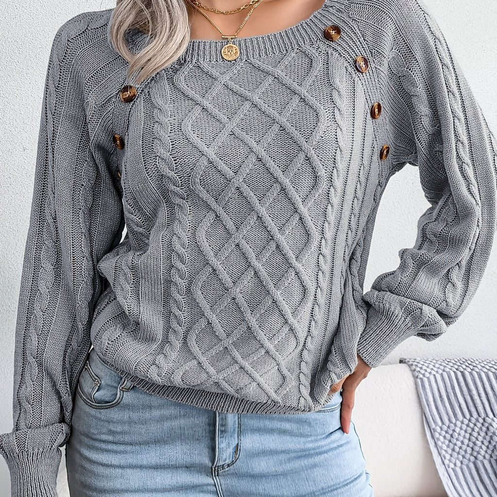 Texture Button Lantern Sleeve Sweater - Women's Round Neck Sweater