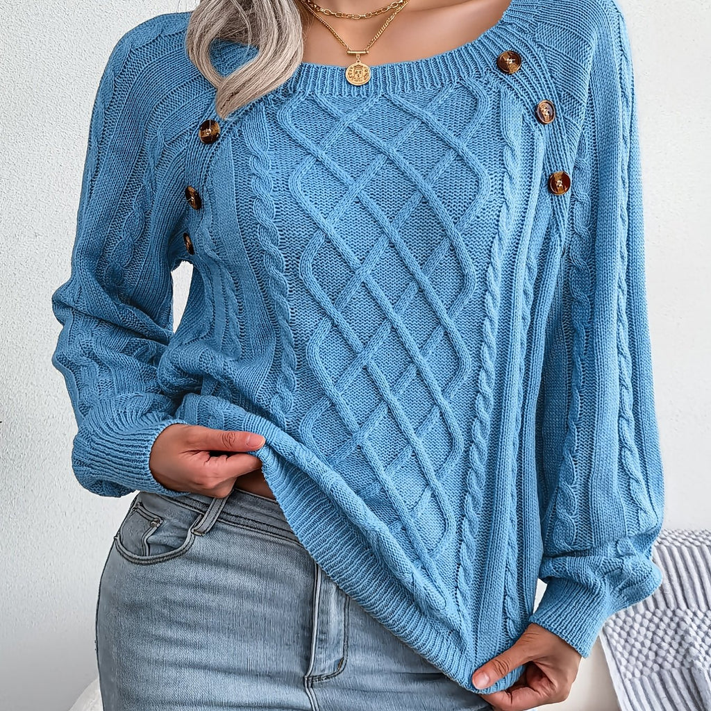 Texture Button Lantern Sleeve Sweater - Women's Round Neck Sweater