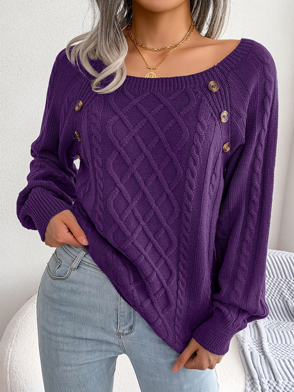 Texture Button Lantern Sleeve Sweater - Women's Round Neck Sweater