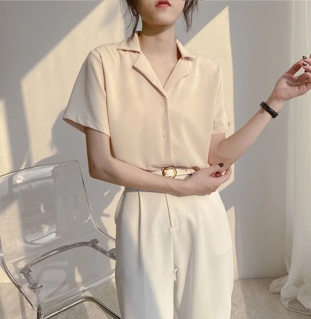 Women Summer Chiffon Blouse Elegant Short Sleeve V Neck Loose Shirt Casual Solid Korean Chic Simple Tops Female Tunic Blusas