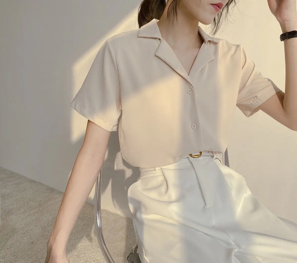 Women Summer Chiffon Blouse Elegant Short Sleeve V Neck Loose Shirt Casual Solid Korean Chic Simple Tops Female Tunic Blusas