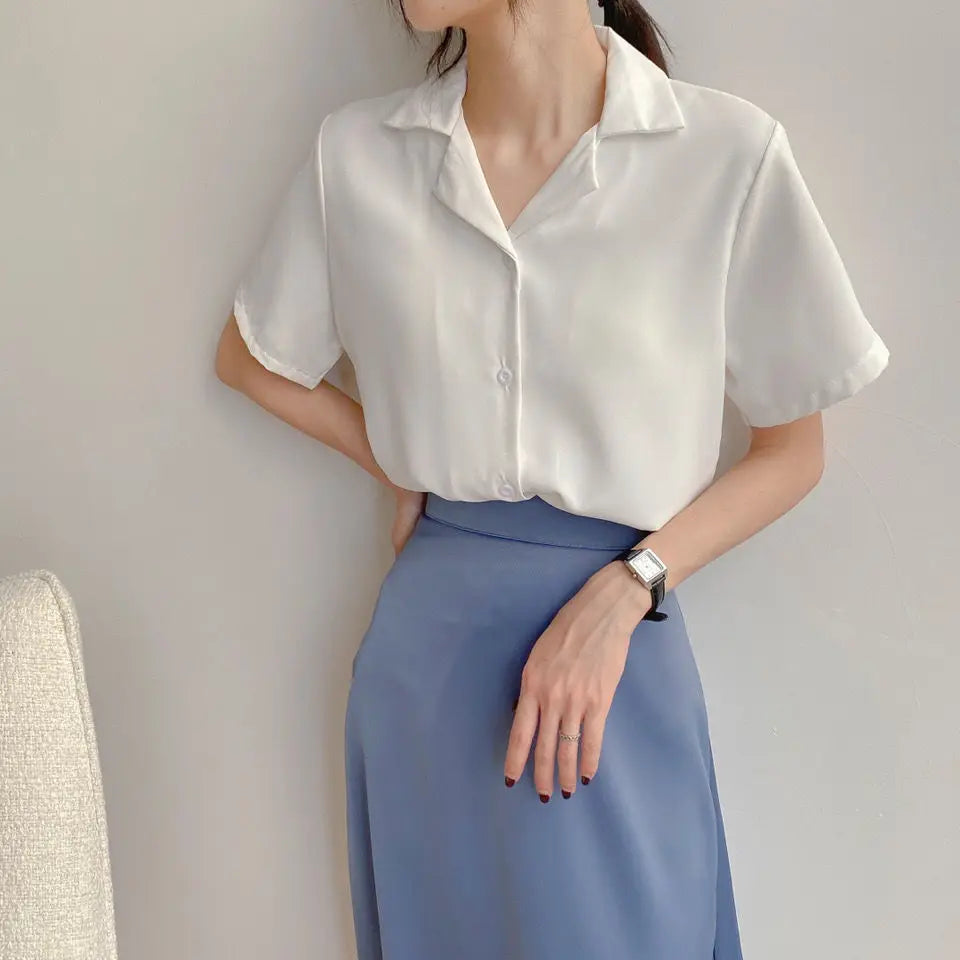 Women Summer Chiffon Blouse Elegant Short Sleeve V Neck Loose Shirt Casual Solid Korean Chic Simple Tops Female Tunic Blusas
