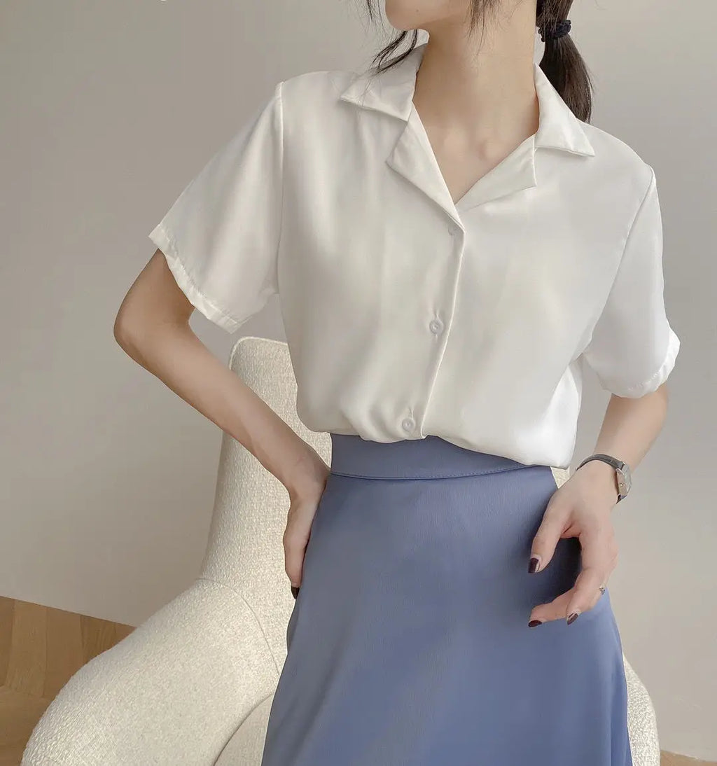 Women Summer Chiffon Blouse Elegant Short Sleeve V Neck Loose Shirt Casual Solid Korean Chic Simple Tops Female Tunic Blusas