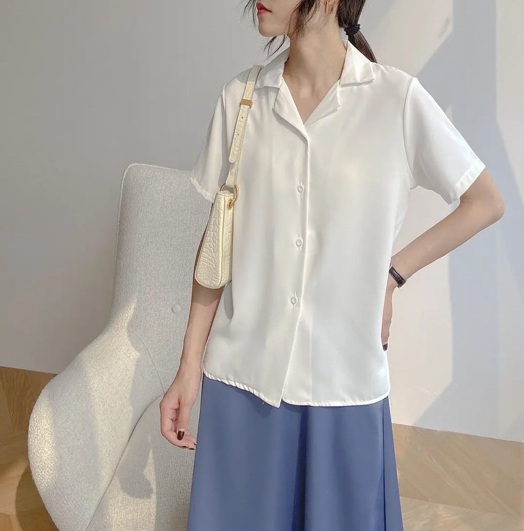Women Summer Chiffon Blouse Elegant Short Sleeve V Neck Loose Shirt Casual Solid Korean Chic Simple Tops Female Tunic Blusas