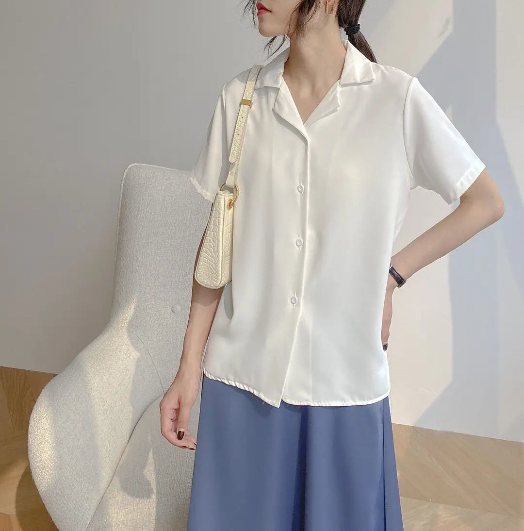 Women Summer Chiffon Blouse Elegant Short Sleeve V Neck Loose Shirt Casual Solid Korean Chic Simple Tops Female Tunic Blusas