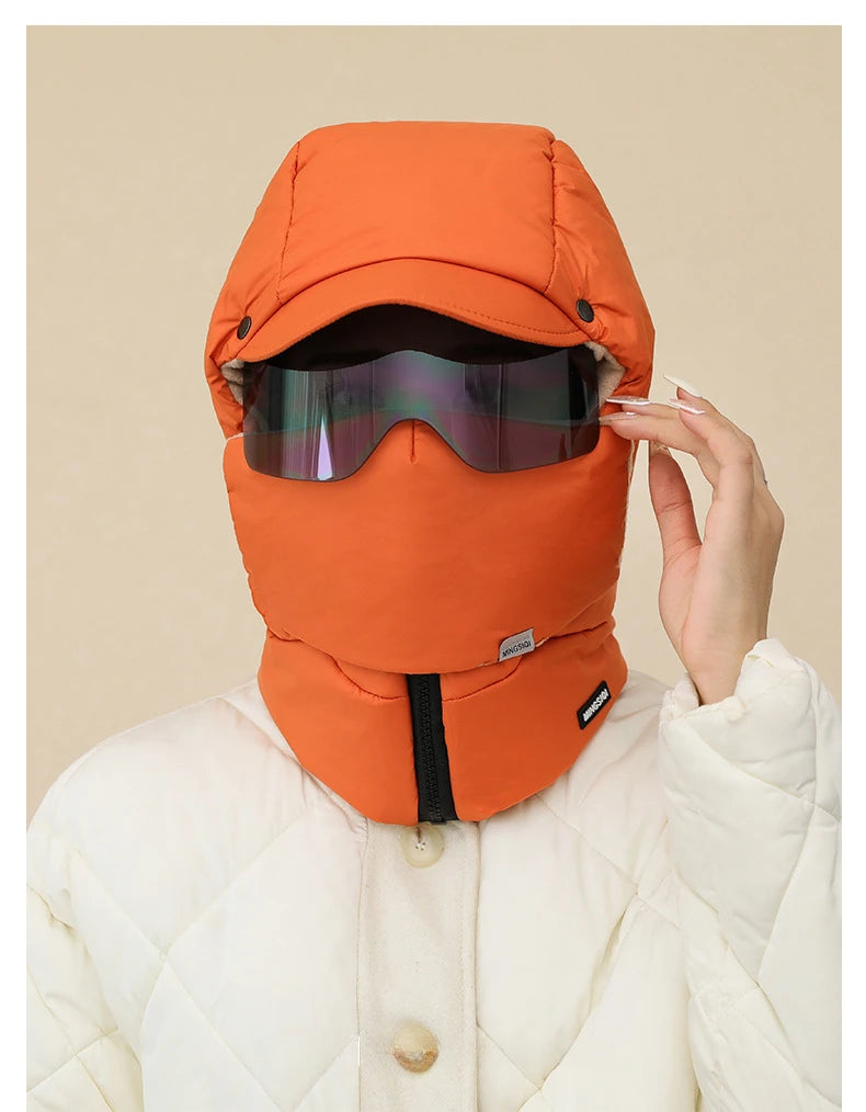 -0℃ Cycling Hat Winter Ski Cap Windproof Unisex Hooded Hat Full Cover Warm with Glasses Motorcycle Face Mask for Outdoor Riding