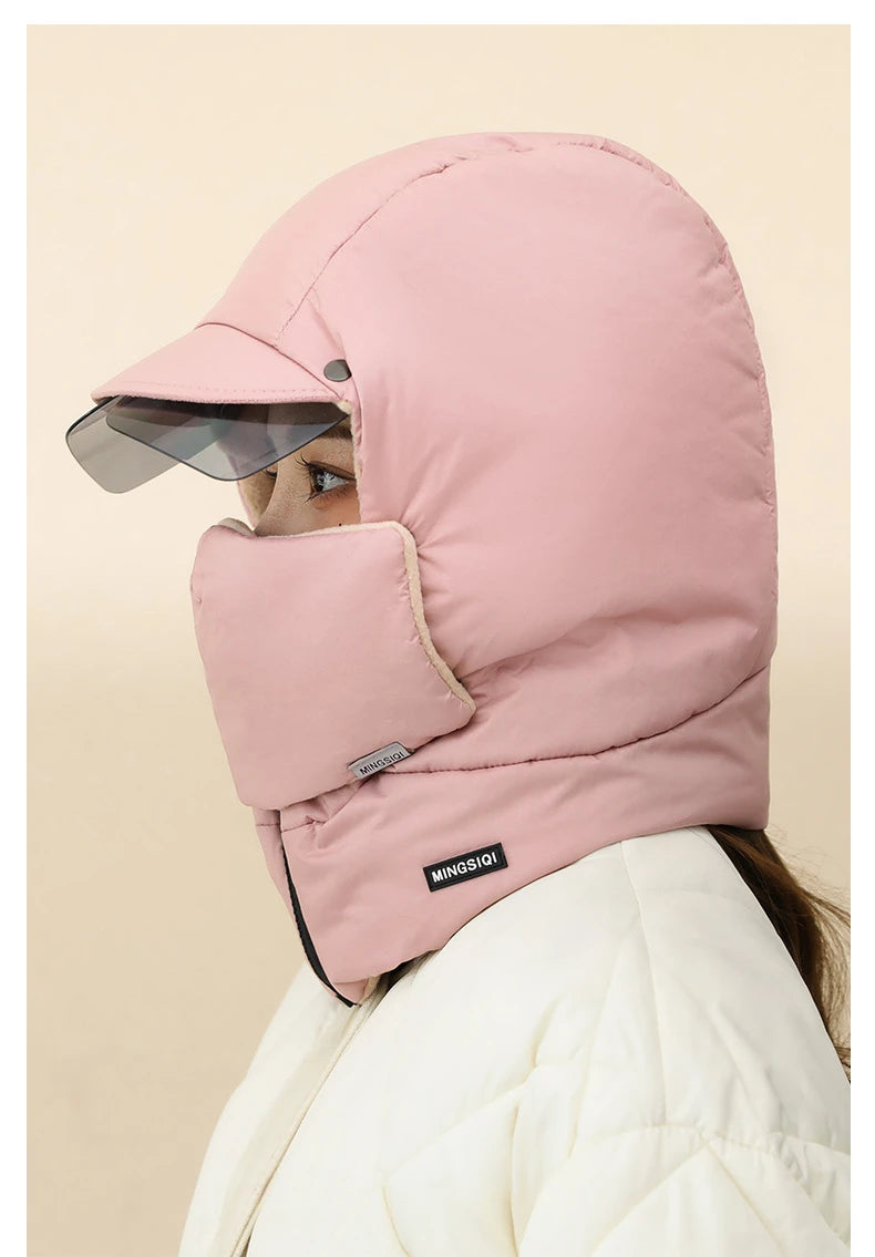 -0℃ Cycling Hat Winter Ski Cap Windproof Unisex Hooded Hat Full Cover Warm with Glasses Motorcycle Face Mask for Outdoor Riding