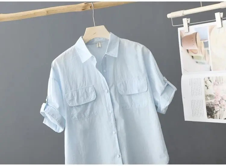 Turn-down Neck Pink Solid Short Sleeved Loose Shirt And Blouse Clothes Top Casual Single Breasted Spring Simple OL Outerwear New