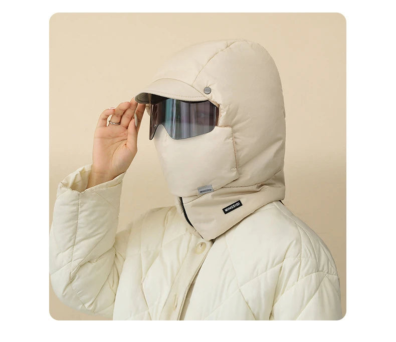 -0℃ Cycling Hat Winter Ski Cap Windproof Unisex Hooded Hat Full Cover Warm with Glasses Motorcycle Face Mask for Outdoor Riding