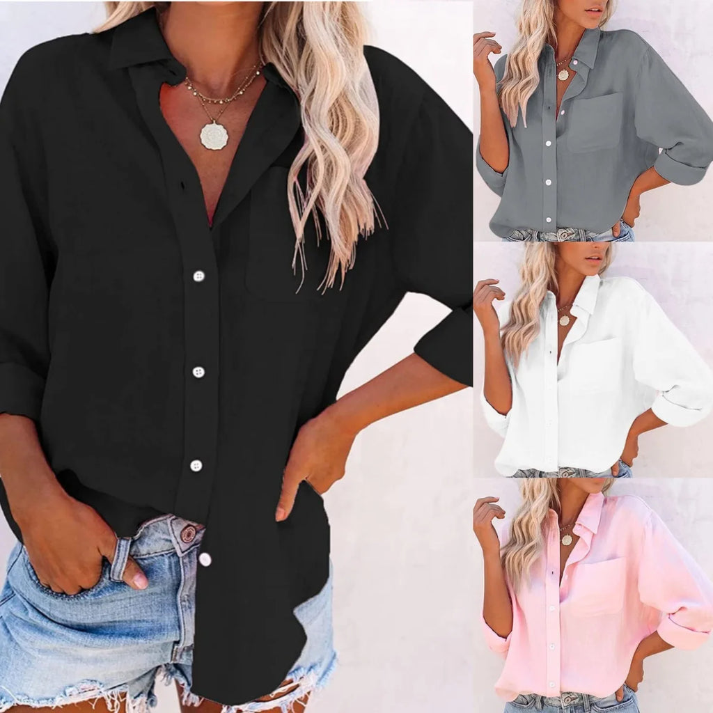 Women's White Shirt Long Sleeve Lapel Fashion Button Cardigan Top Pocket Pink Casual Office Commuting Black Shirt