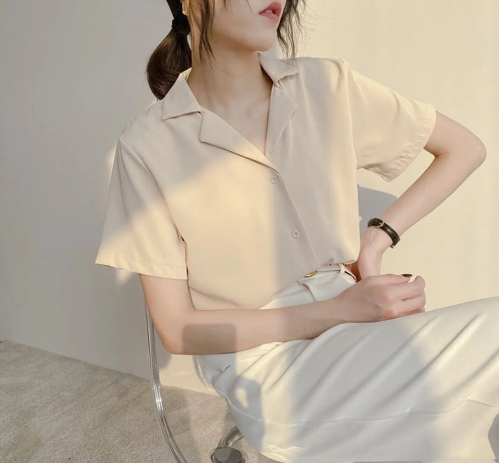 Women Summer Chiffon Blouse Elegant Short Sleeve V Neck Loose Shirt Casual Solid Korean Chic Simple Tops Female Tunic Blusas