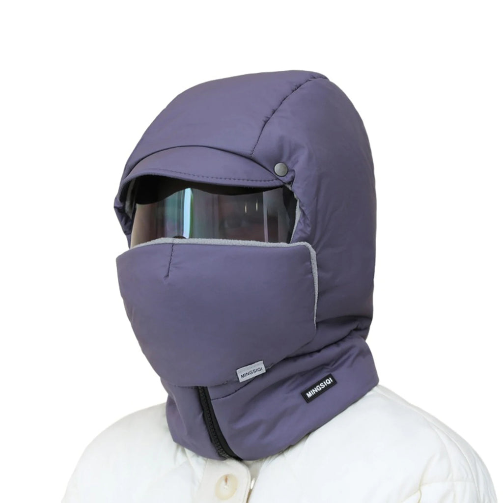 -0℃ Cycling Hat Winter Ski Cap Windproof Unisex Hooded Hat Full Cover Warm with Glasses Motorcycle Face Mask for Outdoor Riding