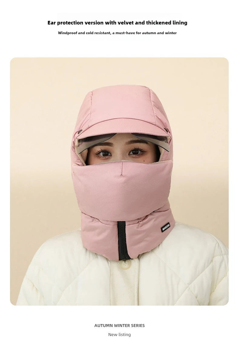 -0℃ Cycling Hat Winter Ski Cap Windproof Unisex Hooded Hat Full Cover Warm with Glasses Motorcycle Face Mask for Outdoor Riding