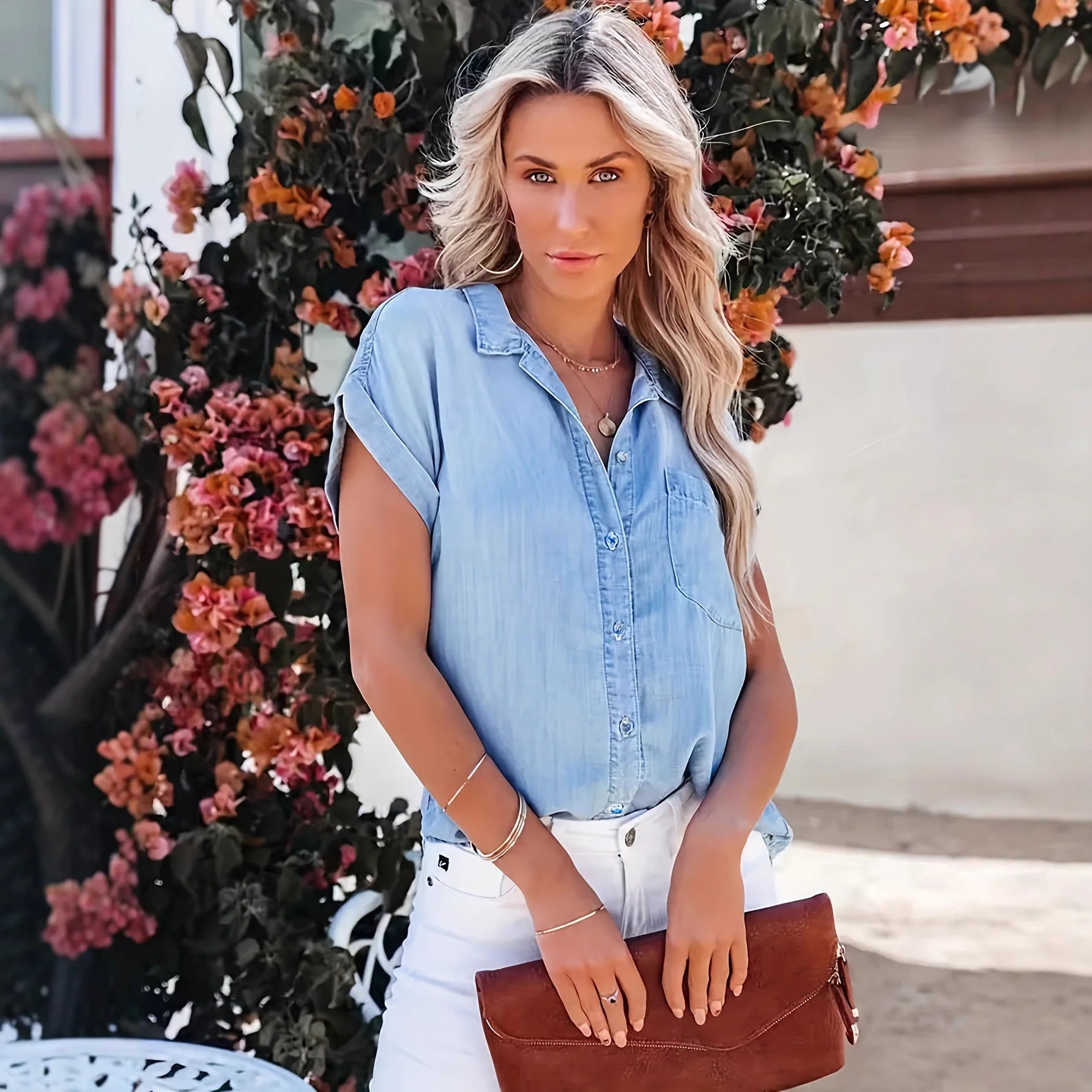Loose Casual Washed Denim Shirt Summer New Women's Solid Color Turn-down Collar Short Sleeve Street Style Oversize Cardigan