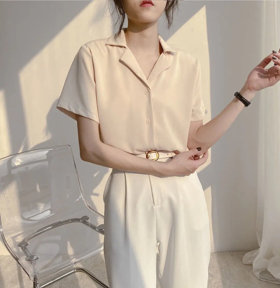 Women Summer Chiffon Blouse Elegant Short Sleeve V Neck Loose Shirt Casual Solid Korean Chic Simple Tops Female Tunic Blusas