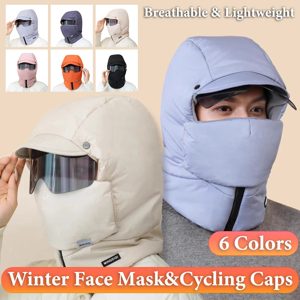 -0℃ Cycling Hat Winter Ski Cap Windproof Unisex Hooded Hat Full Cover Warm with Glasses Motorcycle Face Mask for Outdoor Riding