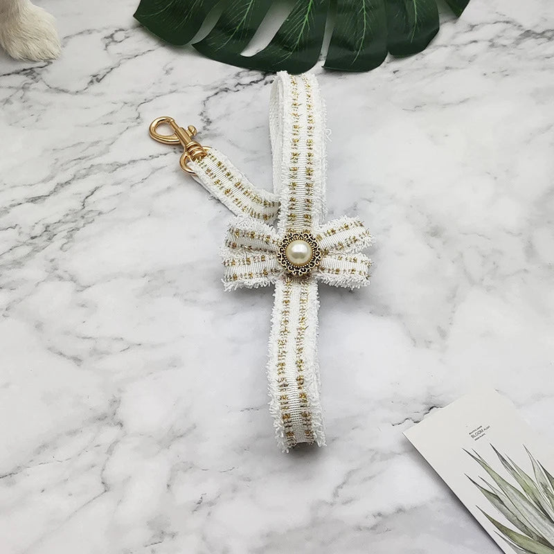 Lace Dog Leash Collar Set Vintage Bowknot Pearl Bells Girl Dog Adjustable Collar for Small Medium Dogs Puppy Collar Pet Supplies