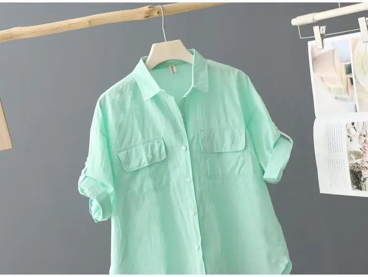 Turn-down Neck Pink Solid Short Sleeved Loose Shirt And Blouse Clothes Top Casual Single Breasted Spring Simple OL Outerwear New