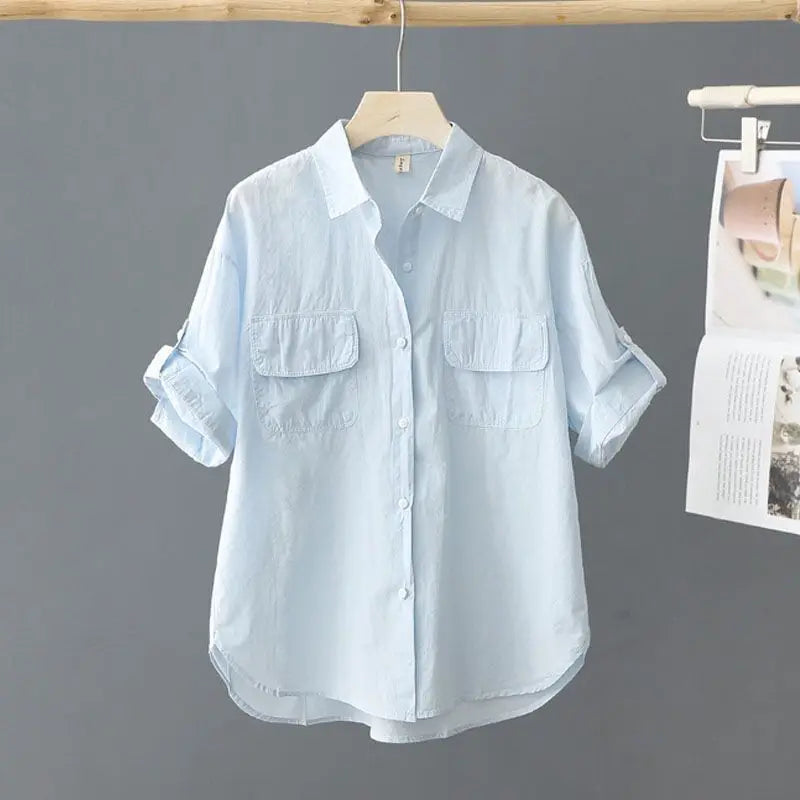 Turn-down Neck Pink Solid Short Sleeved Loose Shirt And Blouse Clothes Top Casual Single Breasted Spring Simple OL Outerwear New