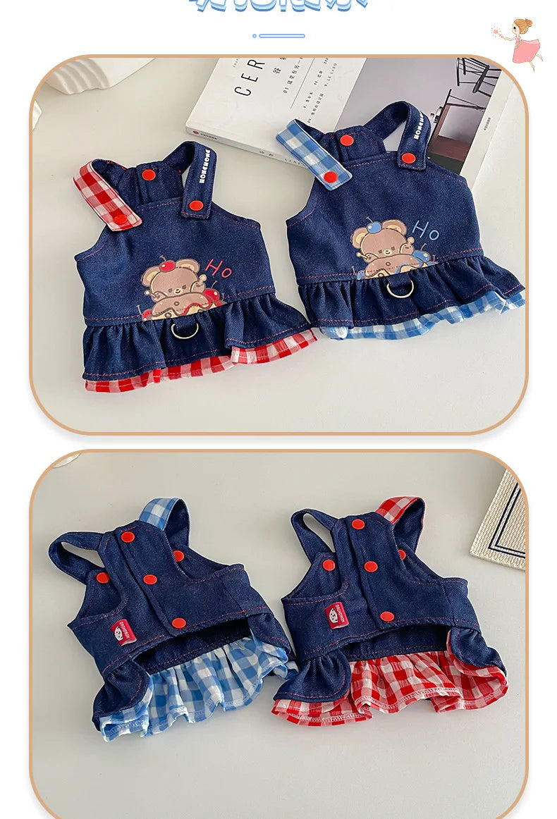 Pet Spring Denim Plaid Skirt Dog Leash Skirt Home Outdoor Sun Protection Vest Dog Dresses for Small Dogs