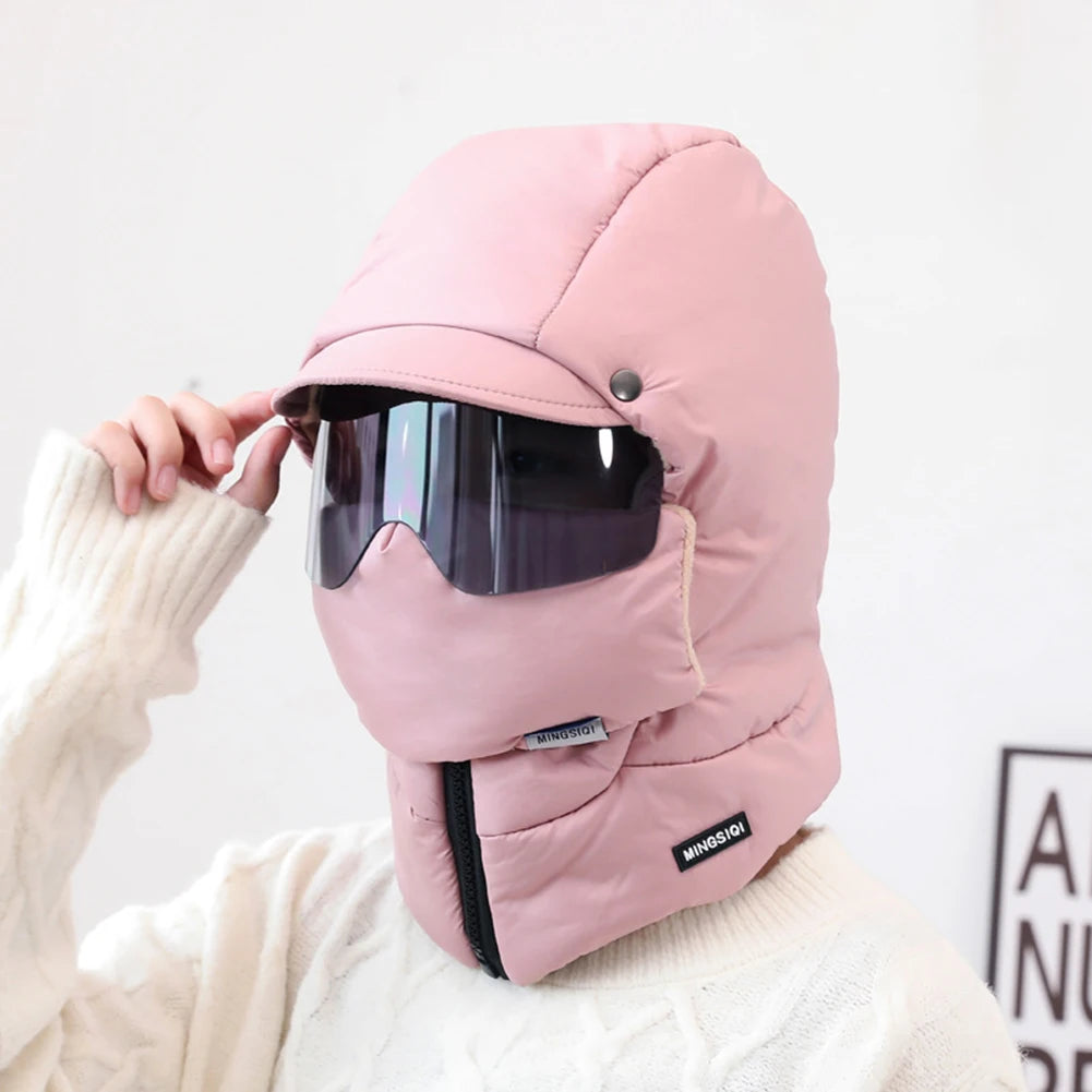 -0℃ Cycling Hat Winter Ski Cap Windproof Unisex Hooded Hat Full Cover Warm with Glasses Motorcycle Face Mask for Outdoor Riding