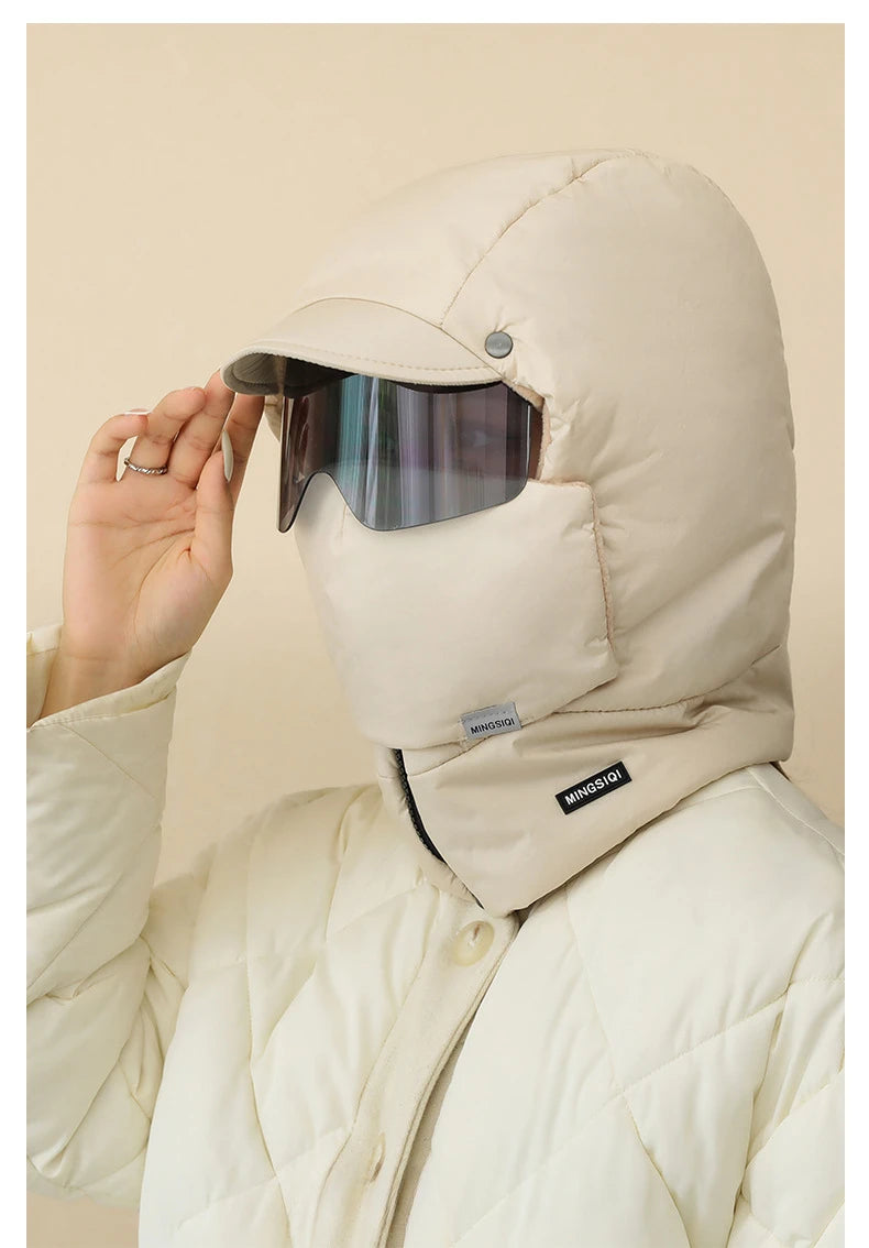 -0℃ Cycling Hat Winter Ski Cap Windproof Unisex Hooded Hat Full Cover Warm with Glasses Motorcycle Face Mask for Outdoor Riding