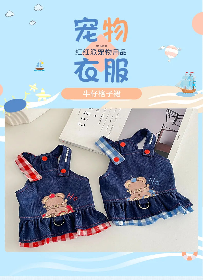 Pet Spring Denim Plaid Skirt Dog Leash Skirt Home Outdoor Sun Protection Vest Dog Dresses for Small Dogs