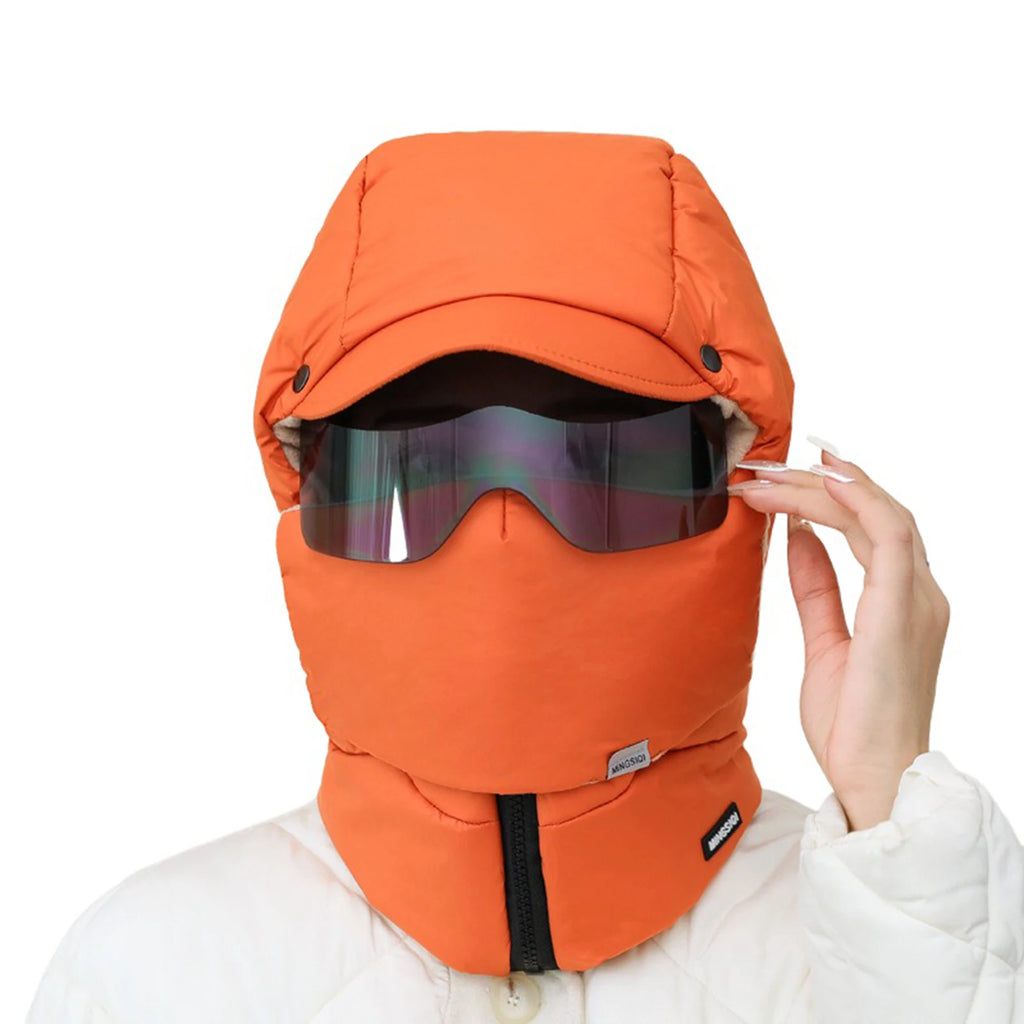 -0℃ Cycling Hat Winter Ski Cap Windproof Unisex Hooded Hat Full Cover Warm with Glasses Motorcycle Face Mask for Outdoor Riding