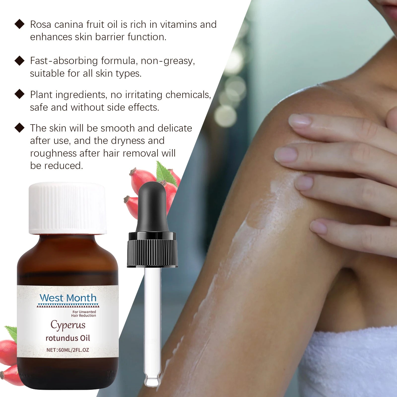 Pure Cyperus Rotundus Oil for Hair Removal Reducing Armpit Legs Arms Body Hair Inhibitor Smooth Body Skin Hair Removal Oil 60ml