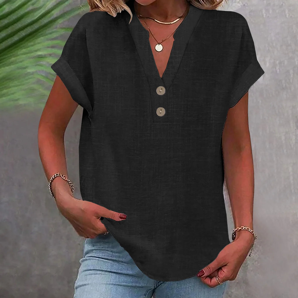 2025 Summer Cotton Linen Breathable Solid Color Button Down V-neck Shirt Basic And Versatile Casual Comfortable Lady Office Tops