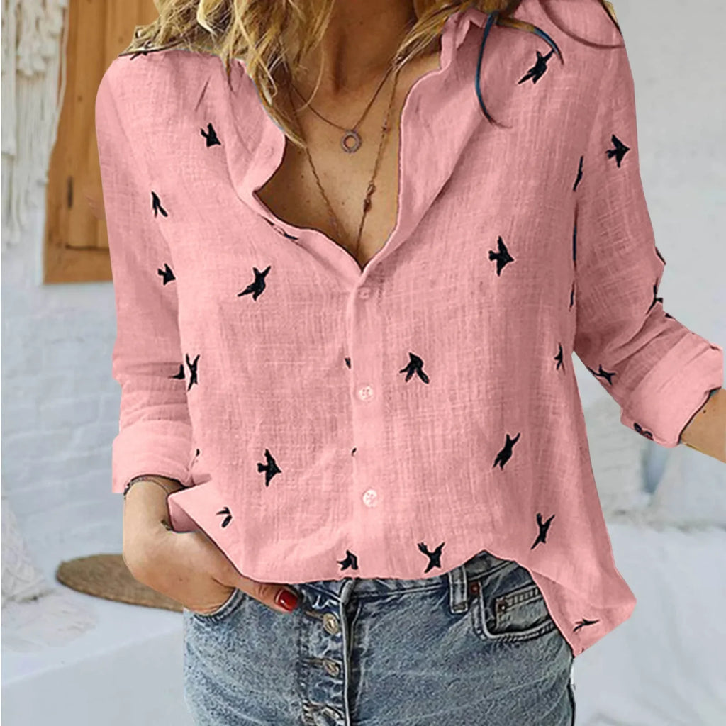 Korean Fashion Blue Pink Lapel Shirt Women'S Summer Thin Cool Cotton Linen Shirt French Elegant V-Neck Long Sleeve Shirt Lady