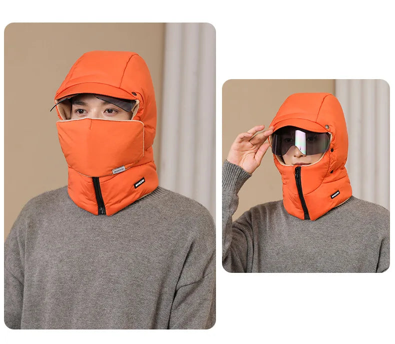 -0℃ Cycling Hat Winter Ski Cap Windproof Unisex Hooded Hat Full Cover Warm with Glasses Motorcycle Face Mask for Outdoor Riding