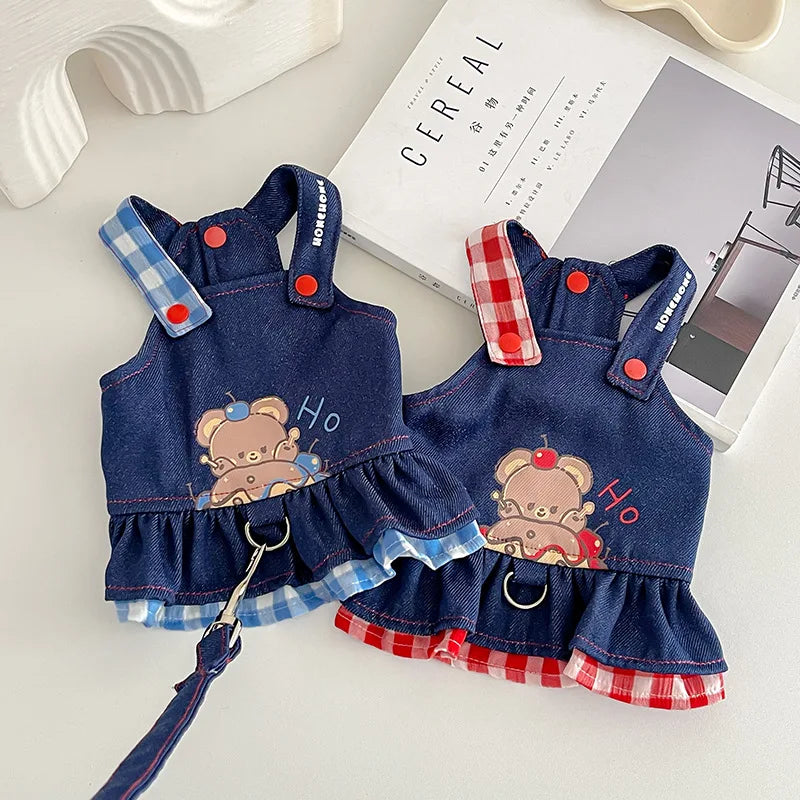 Pet Spring Denim Plaid Skirt Dog Leash Skirt Home Outdoor Sun Protection Vest Dog Dresses for Small Dogs