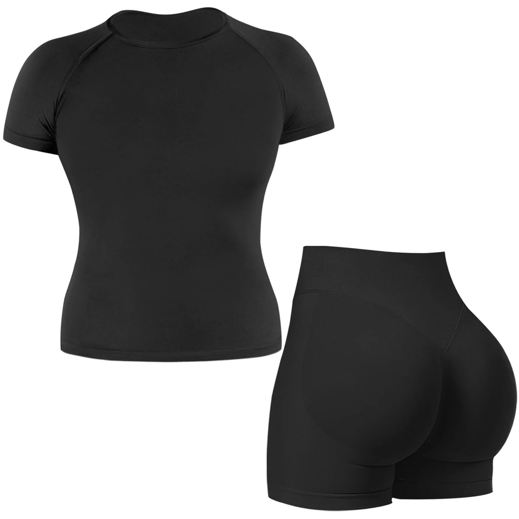 Workout Sets for Women 2 Pieces, Shorts Sleeveless T-Shirts Crop Top Tank Top+ Scrunch Butt-Lifting Seamless Shorts, Gym Sets