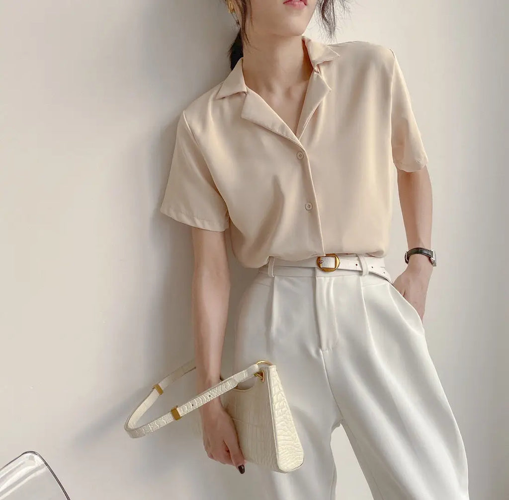 Women Summer Chiffon Blouse Elegant Short Sleeve V Neck Loose Shirt Casual Solid Korean Chic Simple Tops Female Tunic Blusas