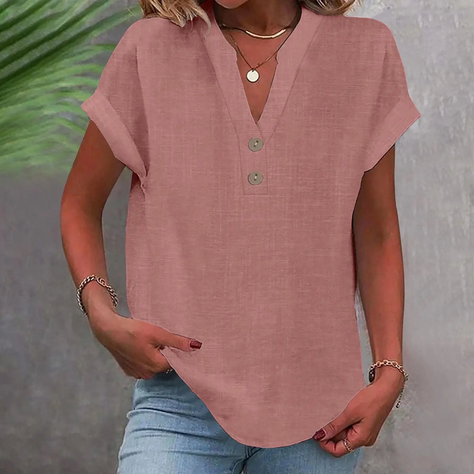 2025 Summer Cotton Linen Breathable Solid Color Button Down V-neck Shirt Basic And Versatile Casual Comfortable Lady Office Tops