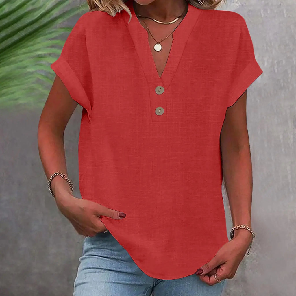 2025 Summer Cotton Linen Breathable Solid Color Button Down V-neck Shirt Basic And Versatile Casual Comfortable Lady Office Tops
