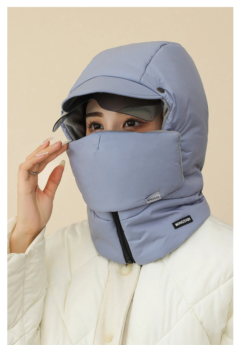 -0℃ Cycling Hat Winter Ski Cap Windproof Unisex Hooded Hat Full Cover Warm with Glasses Motorcycle Face Mask for Outdoor Riding