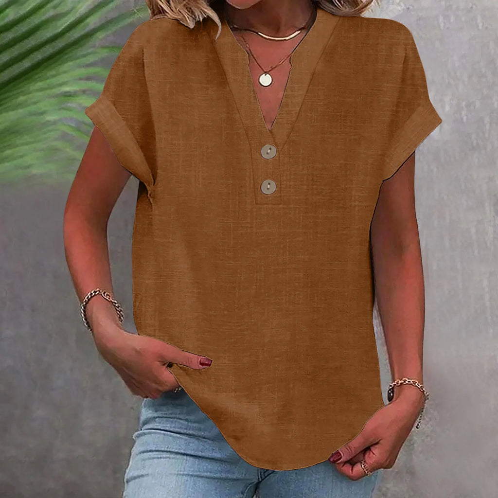 2025 Summer Cotton Linen Breathable Solid Color Button Down V-neck Shirt Basic And Versatile Casual Comfortable Lady Office Tops