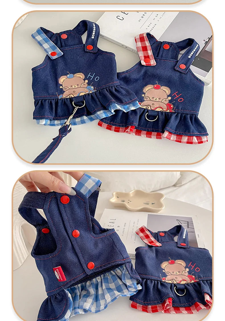 Pet Spring Denim Plaid Skirt Dog Leash Skirt Home Outdoor Sun Protection Vest Dog Dresses for Small Dogs