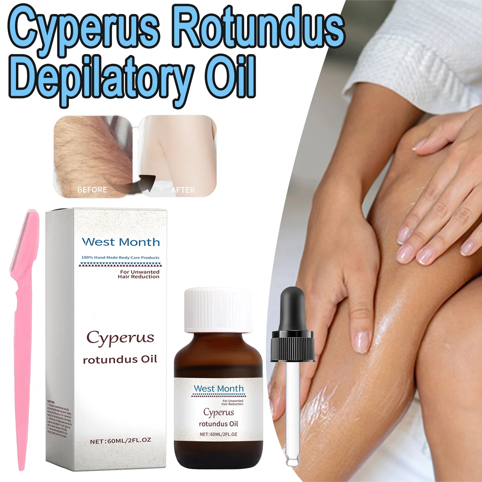 Pure Cyperus Rotundus Oil for Hair Removal Reducing Armpit Legs Arms Body Hair Inhibitor Smooth Body Skin Hair Removal Oil 60ml