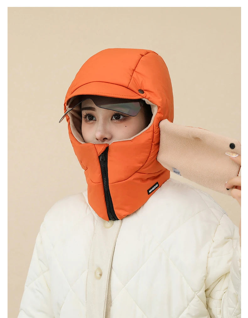 -0℃ Cycling Hat Winter Ski Cap Windproof Unisex Hooded Hat Full Cover Warm with Glasses Motorcycle Face Mask for Outdoor Riding