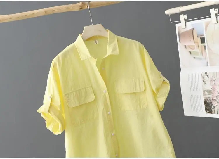 Turn-down Neck Pink Solid Short Sleeved Loose Shirt And Blouse Clothes Top Casual Single Breasted Spring Simple OL Outerwear New