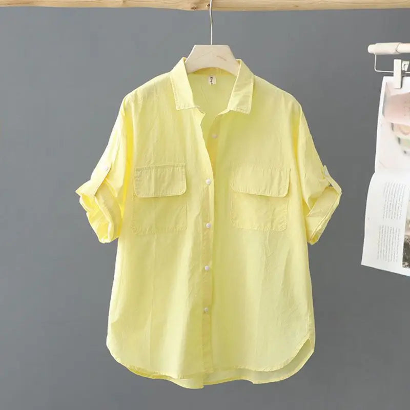Turn-down Neck Pink Solid Short Sleeved Loose Shirt And Blouse Clothes Top Casual Single Breasted Spring Simple OL Outerwear New