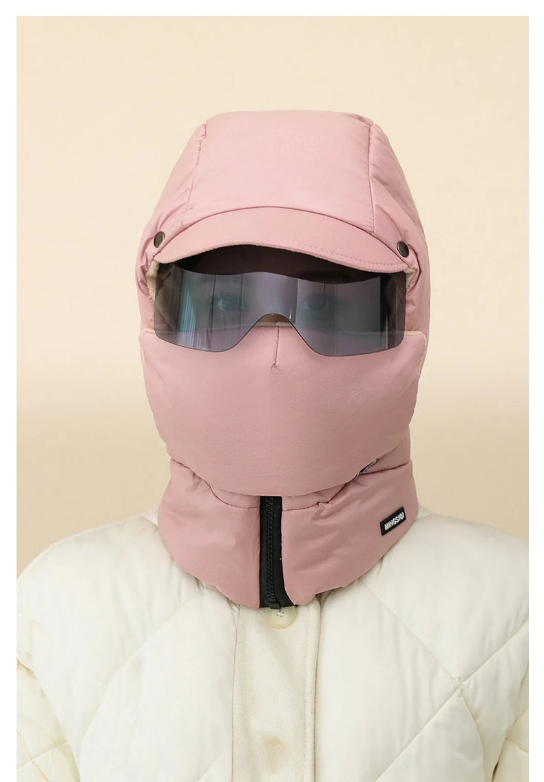 -0℃ Cycling Hat Winter Ski Cap Windproof Unisex Hooded Hat Full Cover Warm with Glasses Motorcycle Face Mask for Outdoor Riding