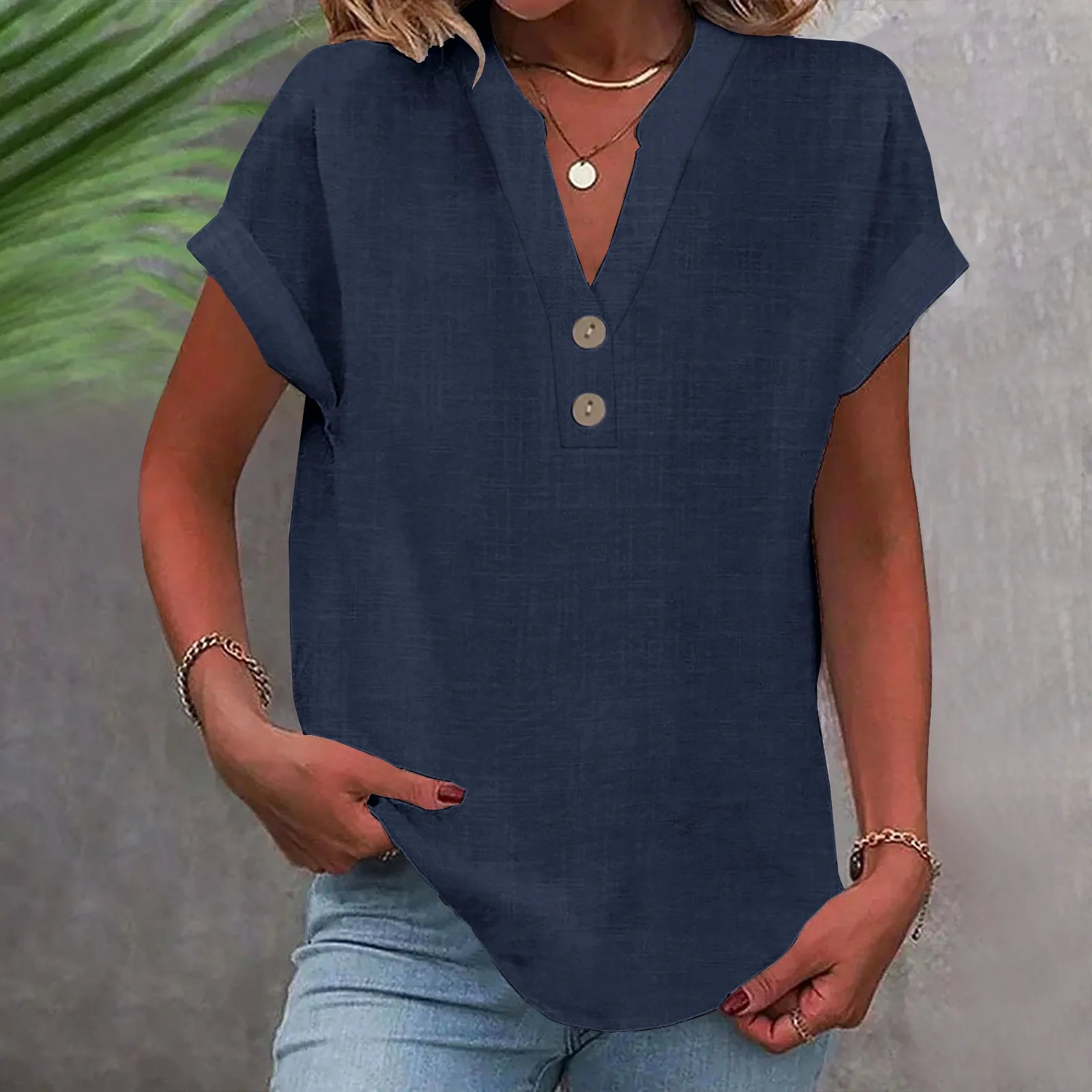2025 Summer Cotton Linen Breathable Solid Color Button Down V-neck Shirt Basic And Versatile Casual Comfortable Lady Office Tops