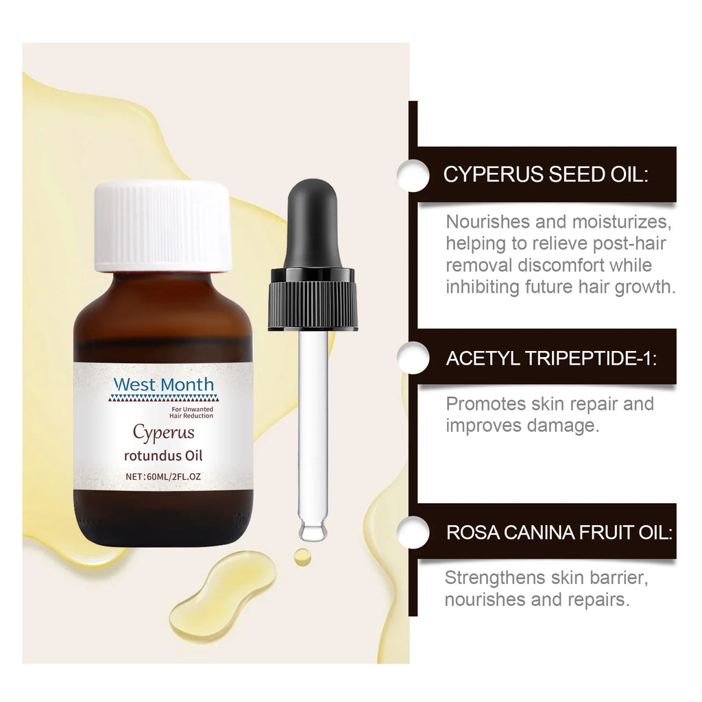 Pure Cyperus Rotundus Oil for Hair Removal Reducing Armpit Legs Arms Body Hair Inhibitor Smooth Body Skin Hair Removal Oil 60ml