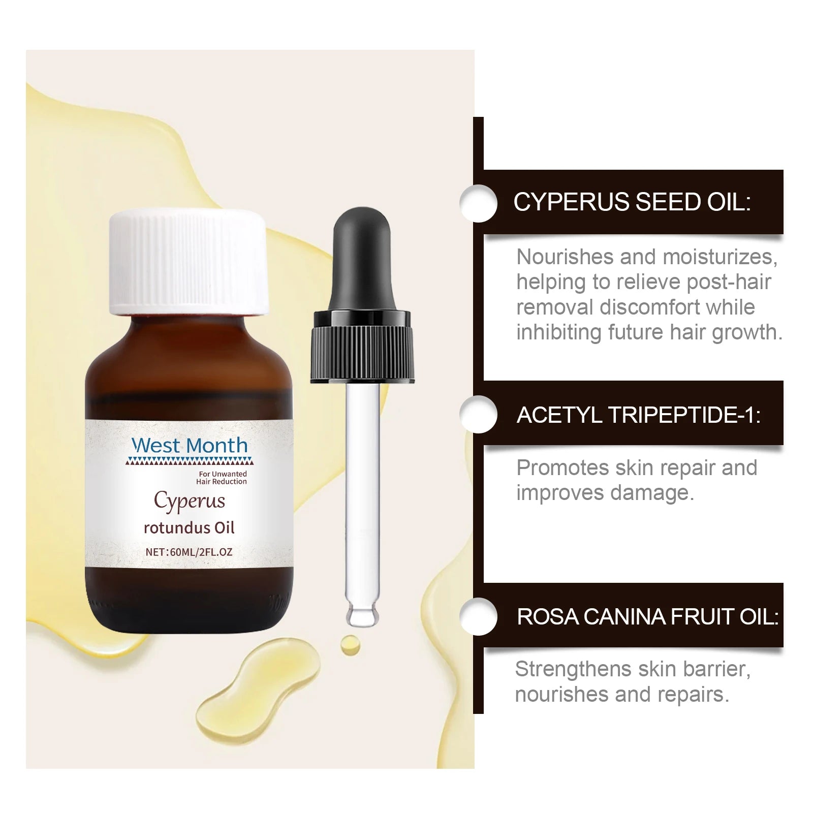 Pure Cyperus Rotundus Oil for Hair Removal Reducing Armpit Legs Arms Body Hair Inhibitor Smooth Body Skin Hair Removal Oil 60ml