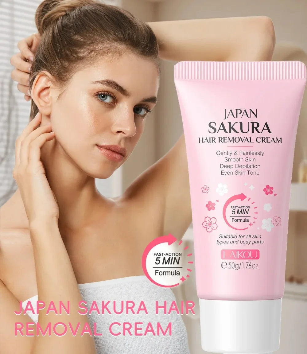 LAIKOU Sakura Hair Removal Cream Fast Painless Hair Growth Inhibitor Arm Armpit Legs Intimate Areas for Men Woman 50g